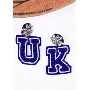BEJEWELED BLUE AND WHITE 'UK' GAME DAY SEED BEAD EARRINGS